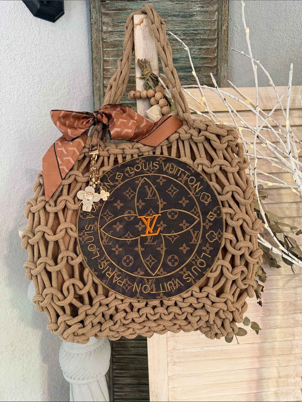 Handcrafted Tan Knitted Tote with charms and twilley